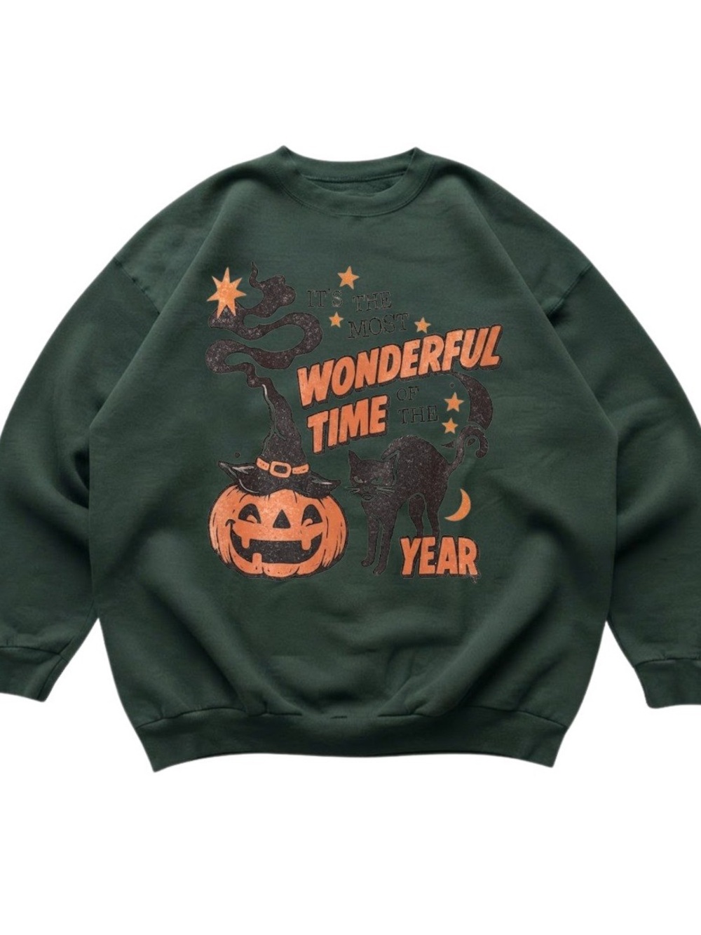 Spooky Pumpkin Black Cat Halloween Graphic Green Gildan Sweatshirt